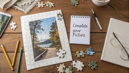 Naklejka premium Creative Workspace with Puzzle Pieces, Notepad, and Scenic Photo - Perfect for Artistic Projects and Inspiration