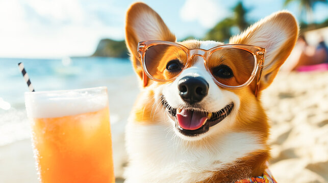 Cool Corgi on Beach with Sunglasses and Cocktail – Fun Pet Holiday Character in Summer Vacation Travel Digital Artwork