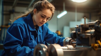 Female mechanical engineer working on a rotating piece of machinery in a factory