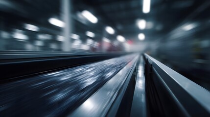 Abstract perspective of a high speed industrial conveyor belt system with motion blur