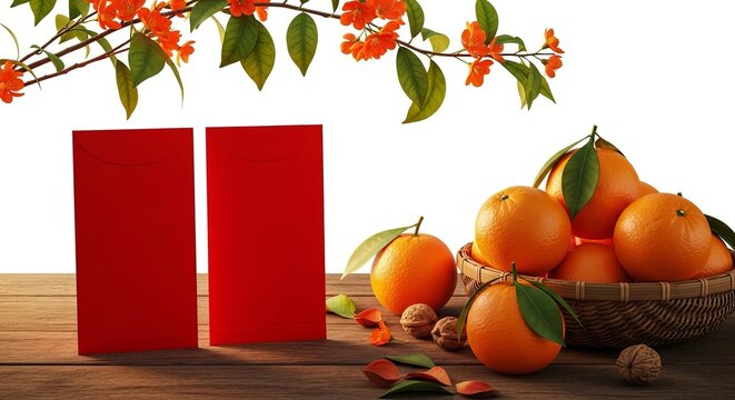 Chinese new year red envelopes and oranges isolated on white background