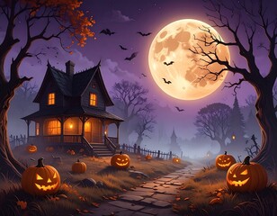 AI Generative A spooky haunted house with glowing jack-o'-lanterns under a full moon on Halloween night.