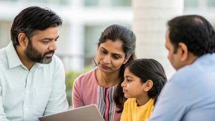 Fototapeta premium Indian family discussing investment plans — highlighting future security, wealth management, and confidence
