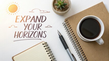 Motivational Desk Scene with Coffee, Notepad, Plant, and Warm Sunlight to Inspire Creativity and Productivity