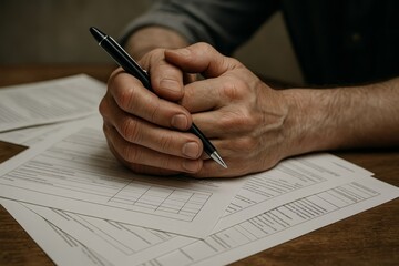 Hands hold a pen over important documents laid upon a wooden table. The person appears to be reviewing or signing contracts.