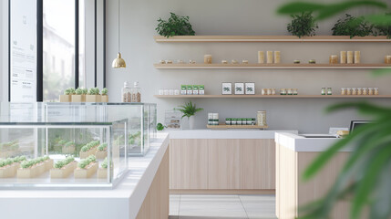 Minimalist view of the glass windows of a cannabis pharmacy
