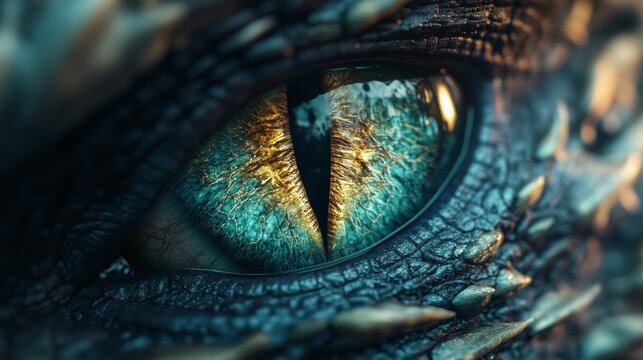 A close up of a realistic dragon eye with glowing yellow iris and textured reptilian scales, shining in dramatic cinematic light, fantasy power, mythical creature strength, mystery and imagination.
