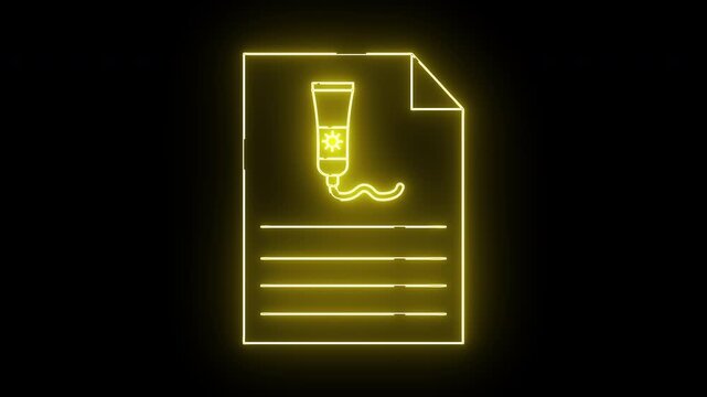 Yellow neon document icon with sunscreen tube corner fold and lines on a black background