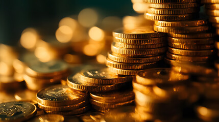 Stack of gold coins representing financial growth, corporate savings, and business investments in valuable assets for revenue generation.