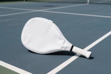 White Padel Racket Cover Mockup on a Padel Court Ready for Play