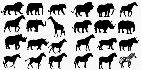 A collection of black silhouettes of various wild and domestic animals on a checkered background.