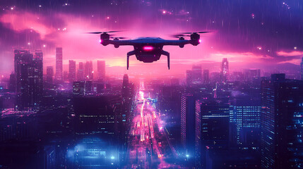 Obraz premium Futuristic Cityscape with Flying Cars and Autonomous Drones – High-Tech Air Transportation Robotaxi and Delivery Concept Vector Digital Artwork