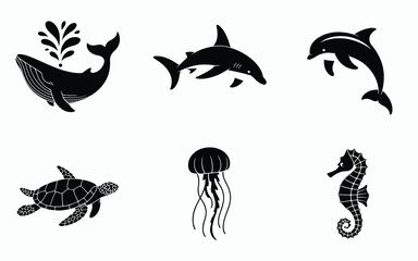 Set of six striking silhouette illustrations of marine life for vector graphics and scalable design projects silhouette vector illustration white background