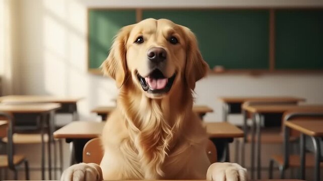 Golden retriever sitting at a school desk in a classroom, with sunlight streaming through windows