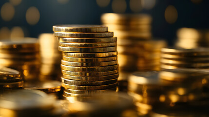 Stack of gold coins representing financial growth, corporate savings, and business investments in valuable assets for revenue generation.