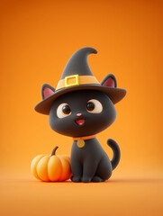 A cute black cat in a witch hat with a pumpkin in front of it, celebrating Halloween. The cat has an orange collar and big eyes.