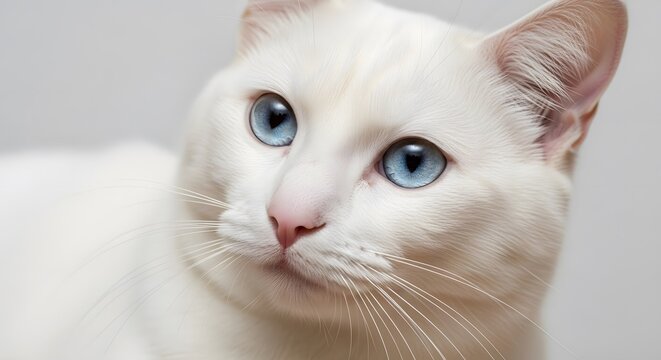 White cat with piercing blue eyes, suitable for pet products, animalthemed designs, and cat lovers content.