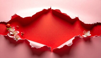 Torn pink paper revealing red center with floral and berry decorations.