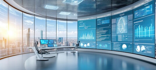Modern control room monitoring city skyline with data analysis displayed on large screens