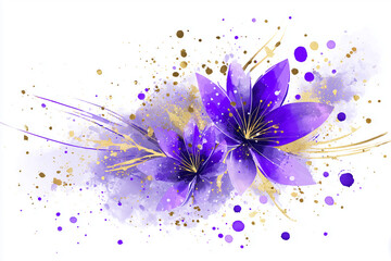 A stunning floral artwork featuring vibrant purple flowers and gold accents, exuding elegance and artistic flair. The artwork is a burst of color and beauty.