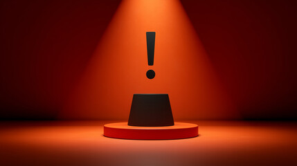 A striking exclamation mark on a pedestal, illuminated by a spotlight, set against a vibrant red backdrop.