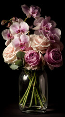 A captivating floral arrangement in a glass vase with a dark background. The elegant bouquet features delicate roses and orchids, displaying a soft color palette