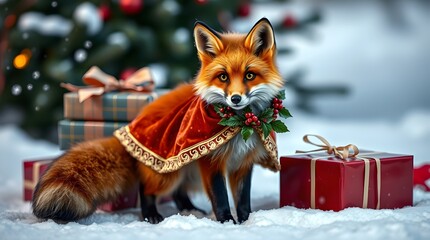 A festive fox with piercing yellow eyes and soft, fluffy orange fur, wearing a luxurious miniature 4