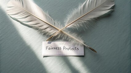 Soft White Feathers Crossed Over a Paper with Words Fairness Protects on Soft Pastel Background