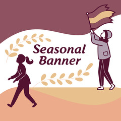 Two stylized figures celebrating with a banner and flag conveying a sense of seasonal change or event announcement