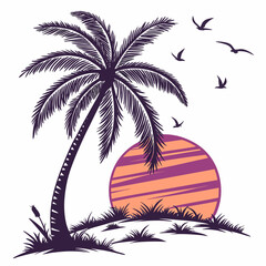 Silhouette of a palm tree and birds flying over a striped sun at sunset on a beach