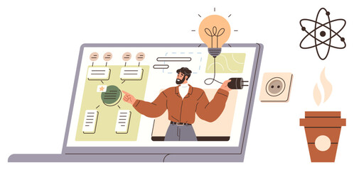 Teacher speaking on laptop screen beside chat bubbles, light bulb, atom, outlet, coffee cup. Ideal for education, innovation, e-learning creativity brainstorming teamwork remote work. Simple flat