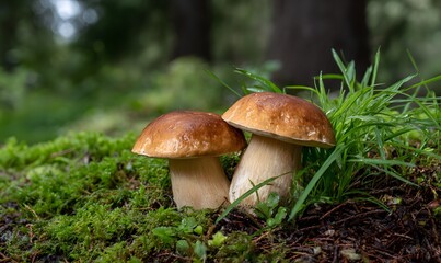 two brown cap boletus mushrooms growing in the forest, the background is green grass with moss around them