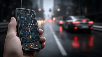 Navigate bustling city streets with a modern handheld GPS device for seamless travel and pinpoint location accuracy on a rainy night