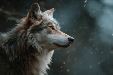 Obraz premium Wolf stands majestically amidst falling snow, showcasing its beautiful fur and intense gaze in a serene forest setting during twilight