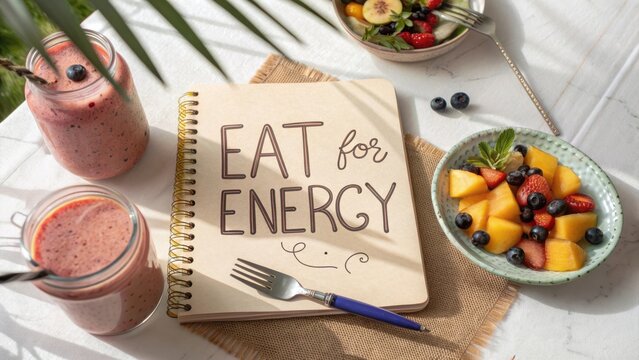 A Cozy Breakfast Scene Featuring Smoothies, Fresh Fruits, and a Notepad with Inspirational Text for Healthy Living