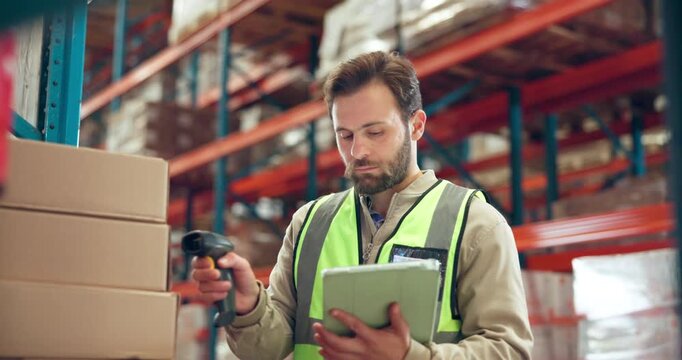 Man, tablet and barcode scanner at warehouse for stock, supply chain and label with inventory management. Person, tech and checklist with boxes, application and storage by shelf at distribution plant
