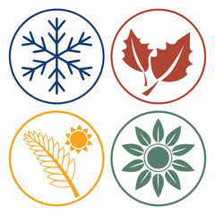 Four circular icons representing the four seasons winter snowflake autumn leaves summer sun and wheat and spring flower