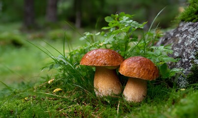 two brown cap boletus mushrooms growing in the forest, the background is green grass with moss around them