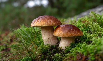 two brown cap boletus mushrooms growing in the forest, the background is green grass with moss around them
