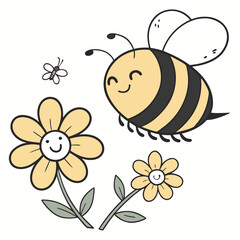 Cute cartoon bee flying happily near yellow flowers with smiling faces and a tiny butterfly