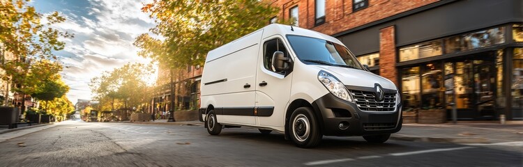 A white delivery van parked on a city street. The scene features trees and buildings in the background, illuminated by warm sunlight, banner