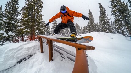 Snowboarder grinding rail in snowy mountain landscape