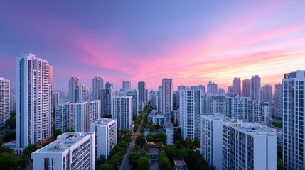 Obraz premium Urban Skyline Aerial View with Cinematic Hdr Lighting Cityscape Featuring White Buildings Under Pink and Purple Sky