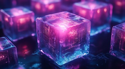 Shiny glowing futuristic cubes with purple and pink light, symbolizing digital technology, blockchain, innovation, virtual reality, artificial intelligence, and modern abstract cyber concepts.