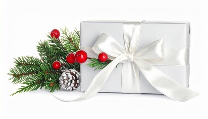 Christmas gift box with white ribbon, holly sprig, pine branches, and festive red accents.