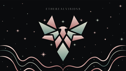 Abstract geometric angelic figure against starry night sky with wavy lines