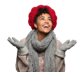 PNG Young woman enjoying winter background smiling looking.