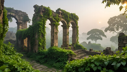 Fototapeta premium Misty Morning over Ancient Ruins Covered with Vines