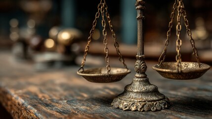 Ornate balance scale on weathered wood evokes themes of law, justice, and equity in a compelling vintage aesthetic for legal and financial visuals