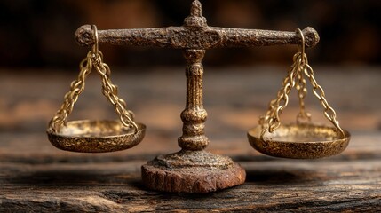 Elegant golden scales of justice on rustic wooden surface evoke law and balance for legal themes and commercial projects in need of gravitas